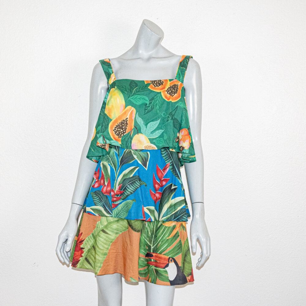 FARM Rio Green, Blue & Yellow Tropical Tiered Mini Dress - Picture 2 of 12